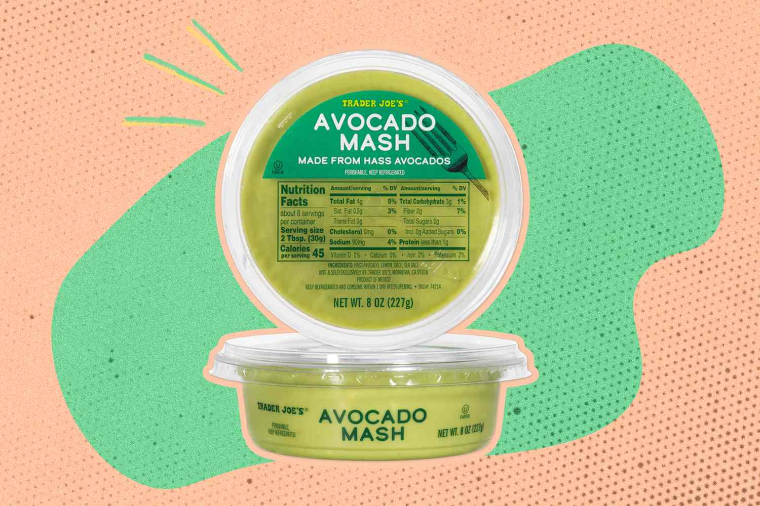 container of Trader Joe's Avocado Mash against a graphic background