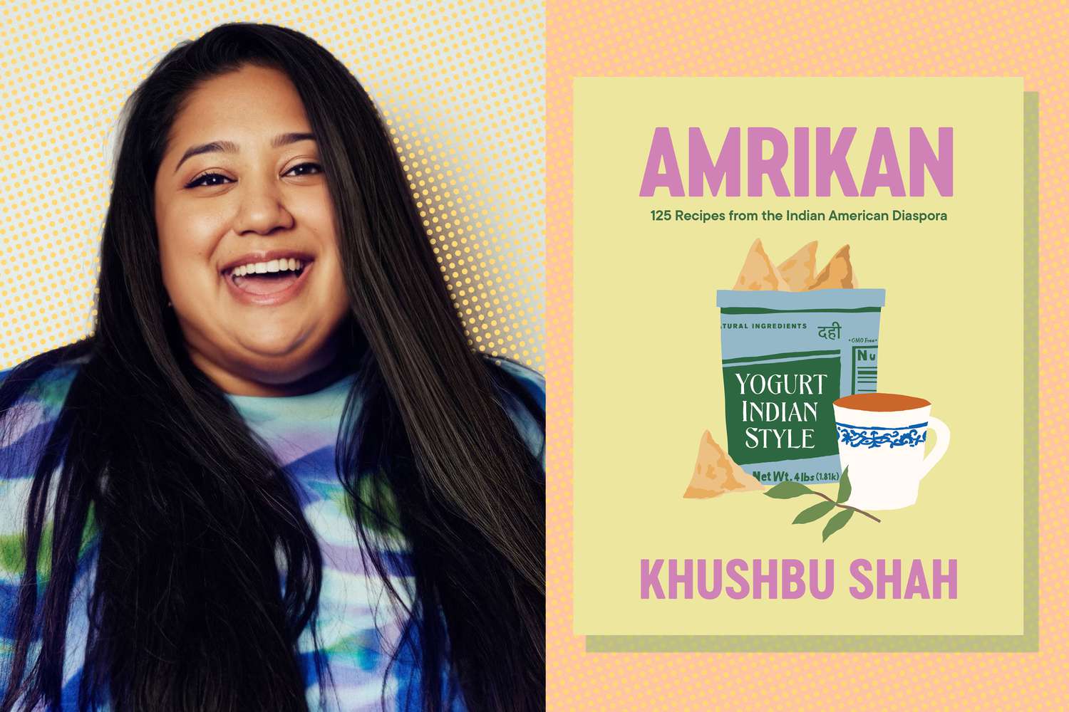 cutout of Khushbu Shah on a orange background next to an image of her new cookbook Amerikan 
