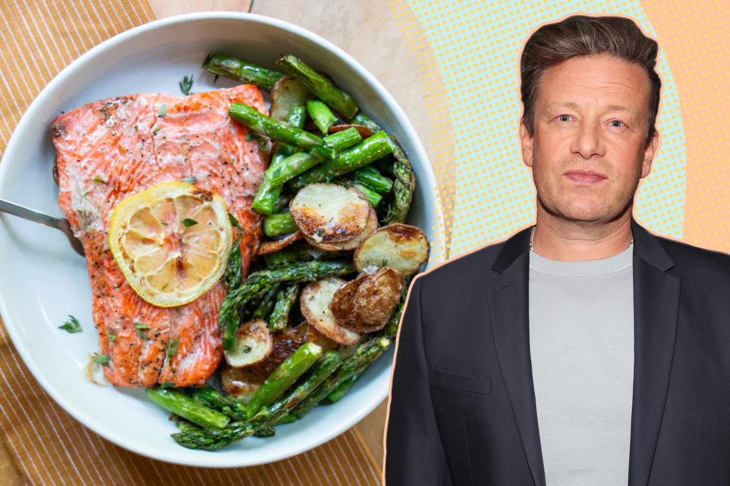 Jamie Oliver’s Easy Salmon and Potatoes on a plate next to a portrait of Jamie Oliver