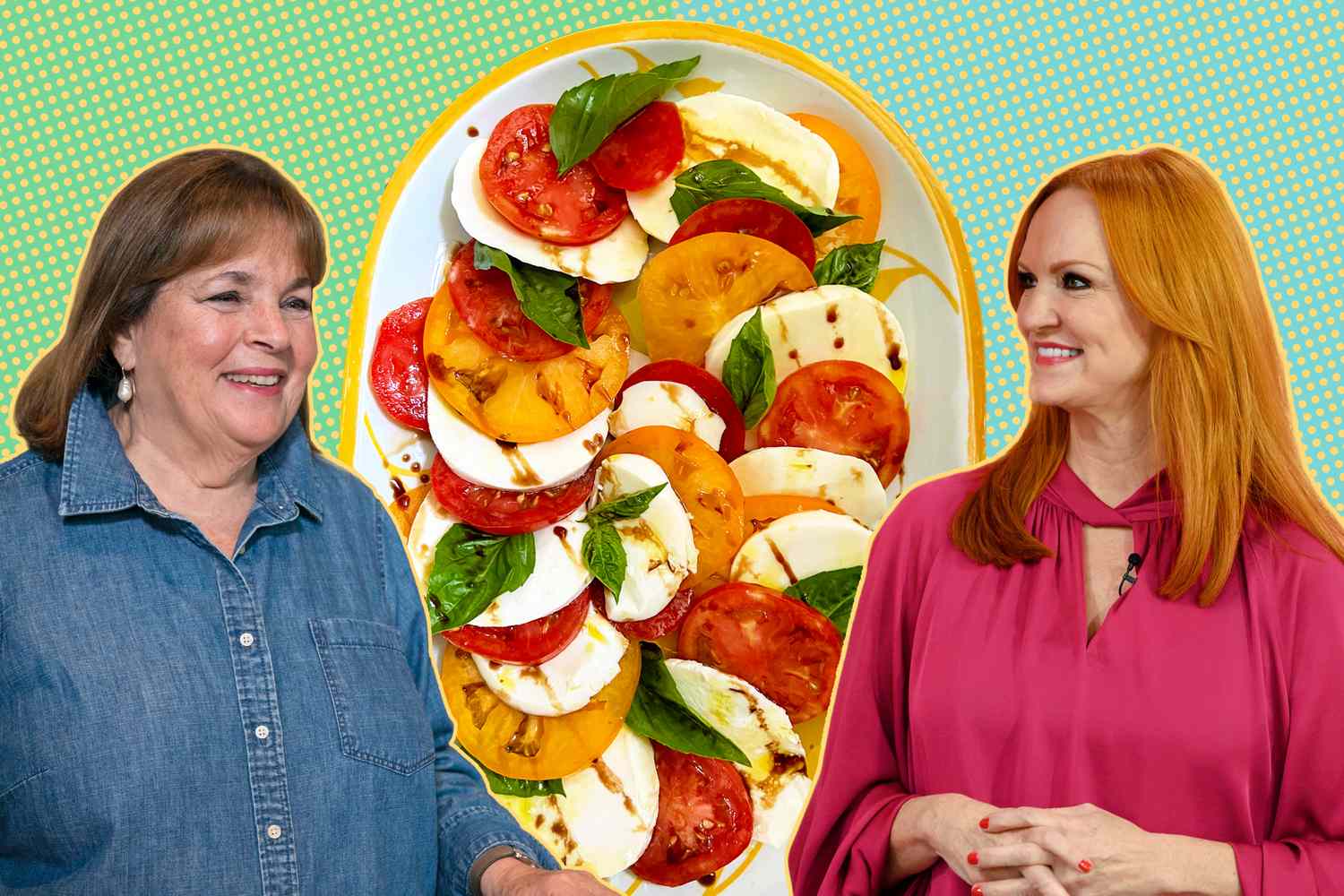 Ina Garten and Ree Drummond standing in front of a plate of sliced tomatoes and mozzarella cheese garnished with basil
