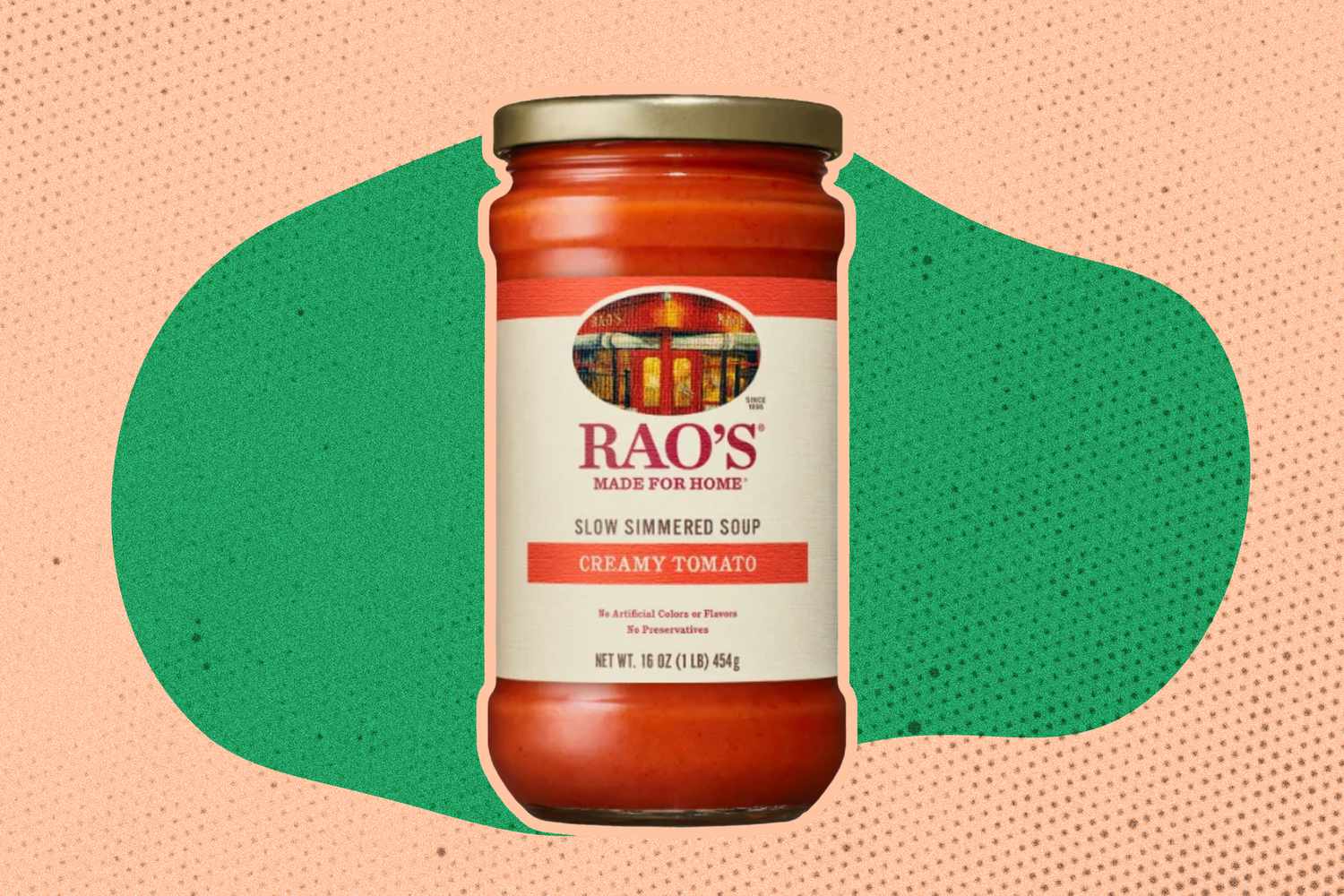 A jar of Rao's creamy tomato soup on an illustrated background