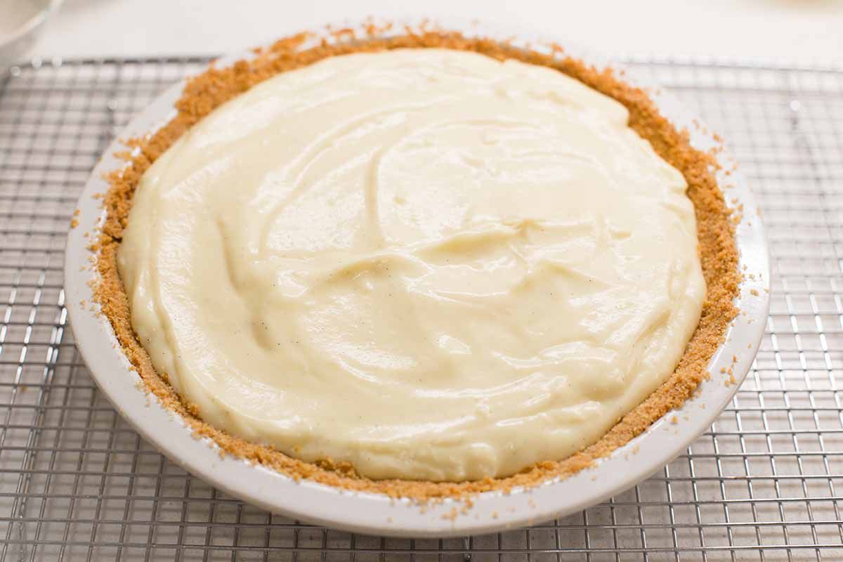 Banana cream pie in a vanilla waffer crust.