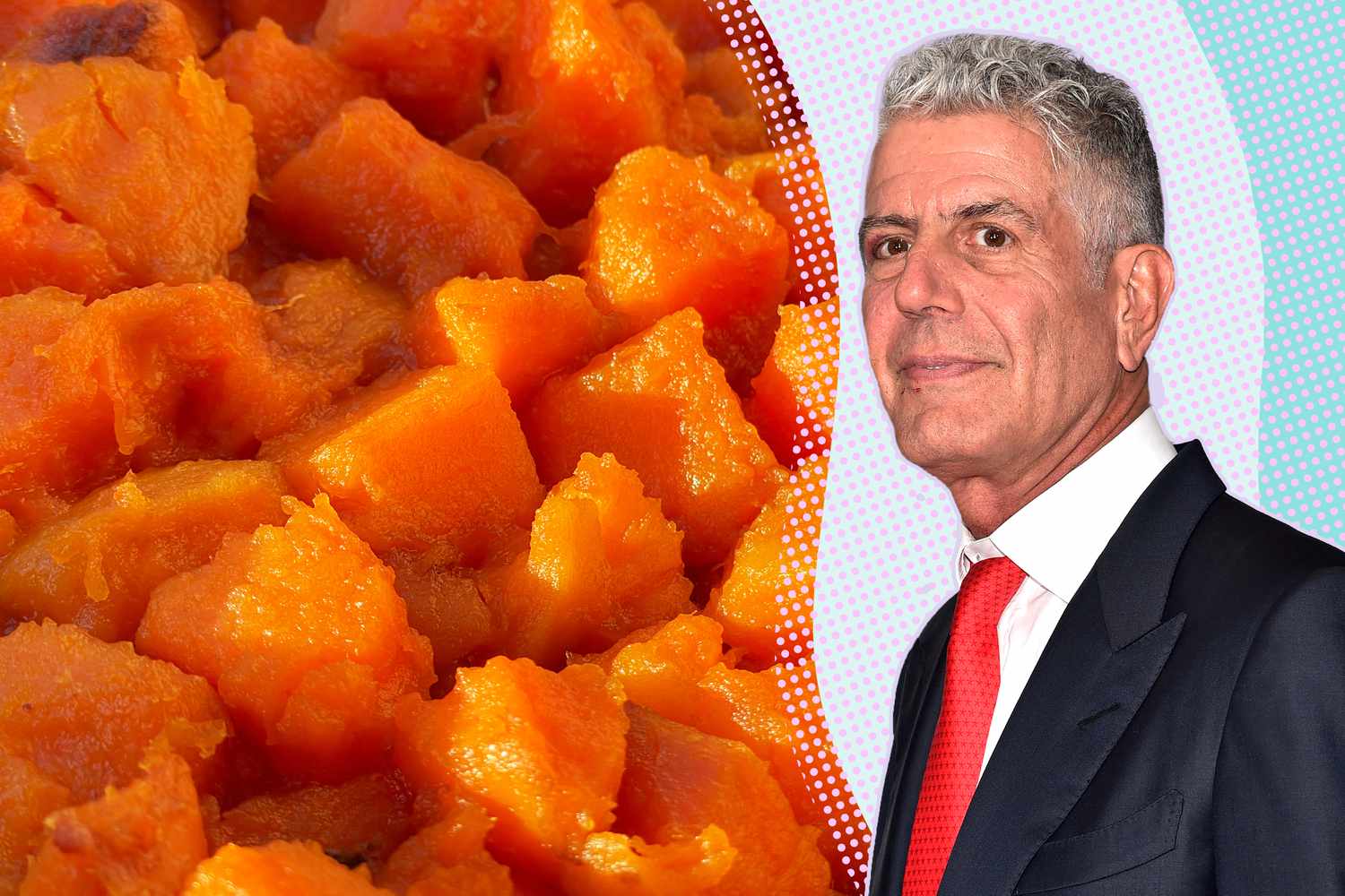 A split image of candied sweet potatoes and Anthony Bourdain