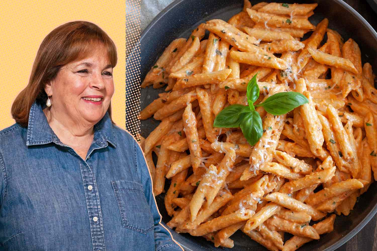 Ina Garten's photo over a yellow background next to a photo of a bowl of penne alla vodka