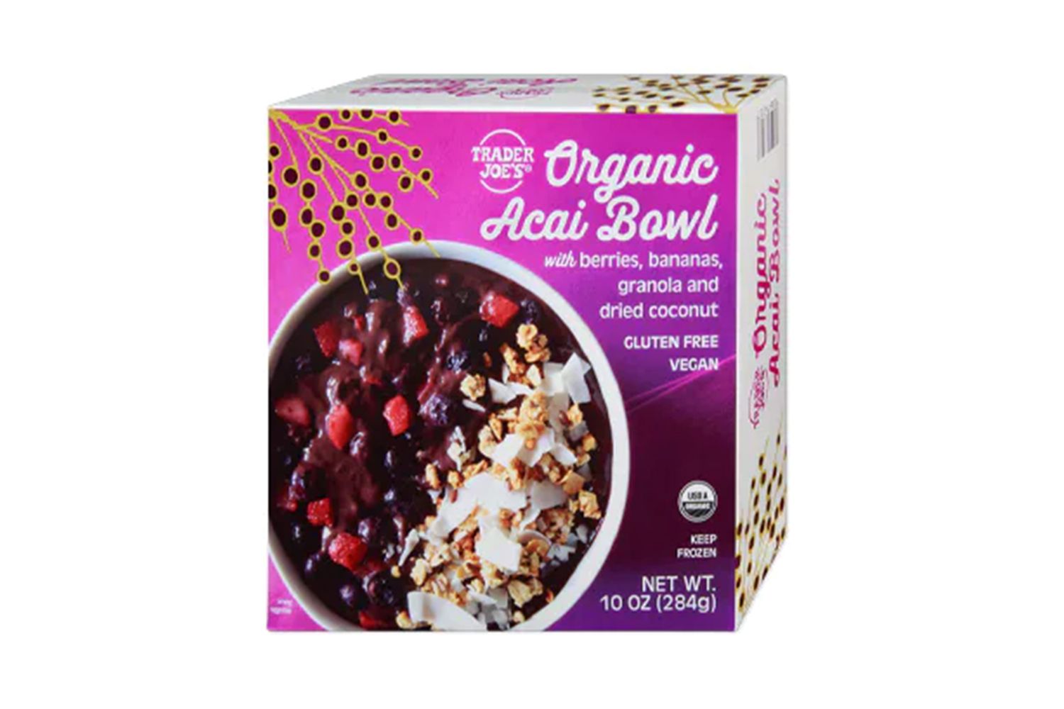 Package of frozen Organic Acai Bowl from Trader Joe's on a white background