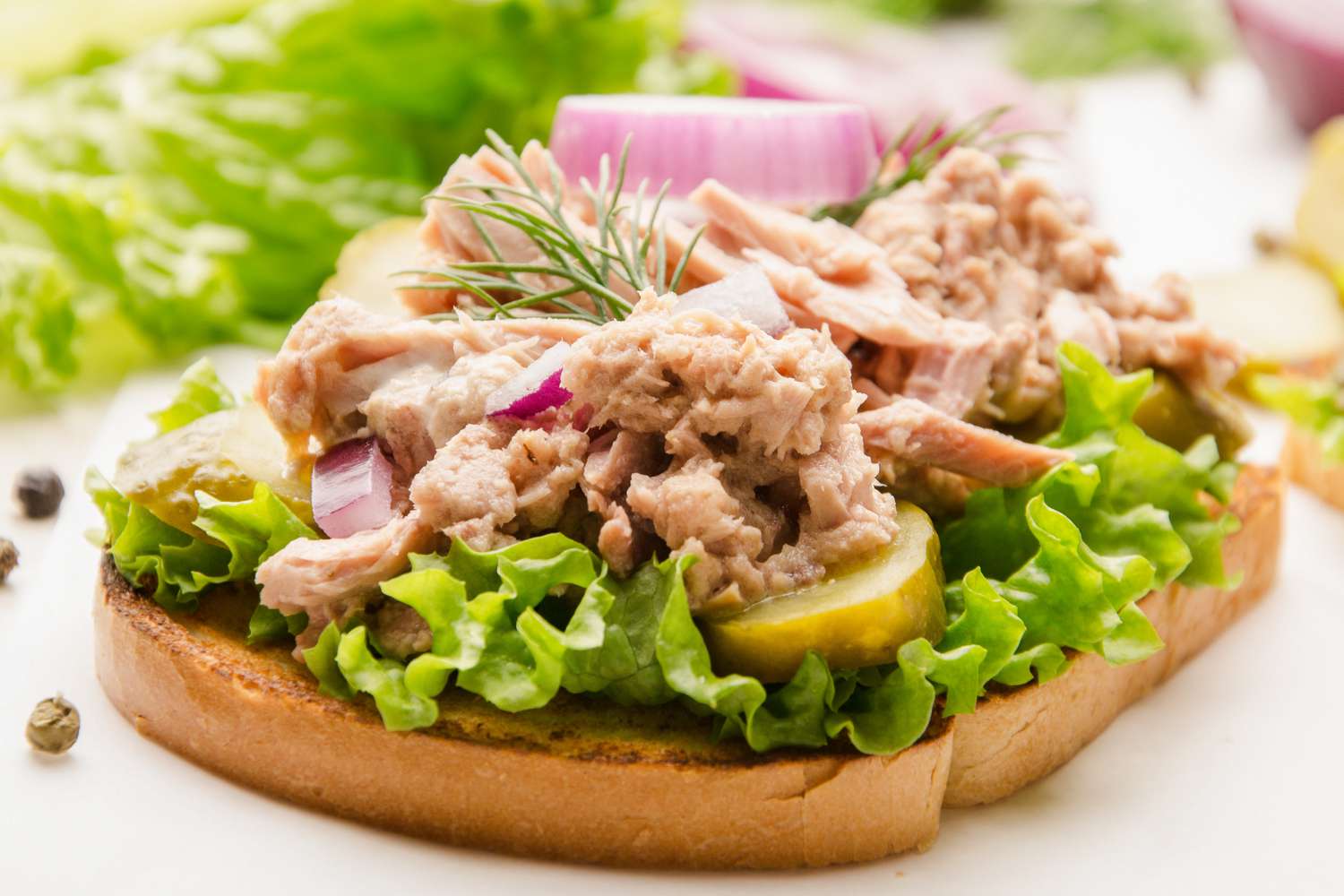 Open-faced tuna salad sandwich on toast with lettuce, pickles, and dill, garnished with red onion slices