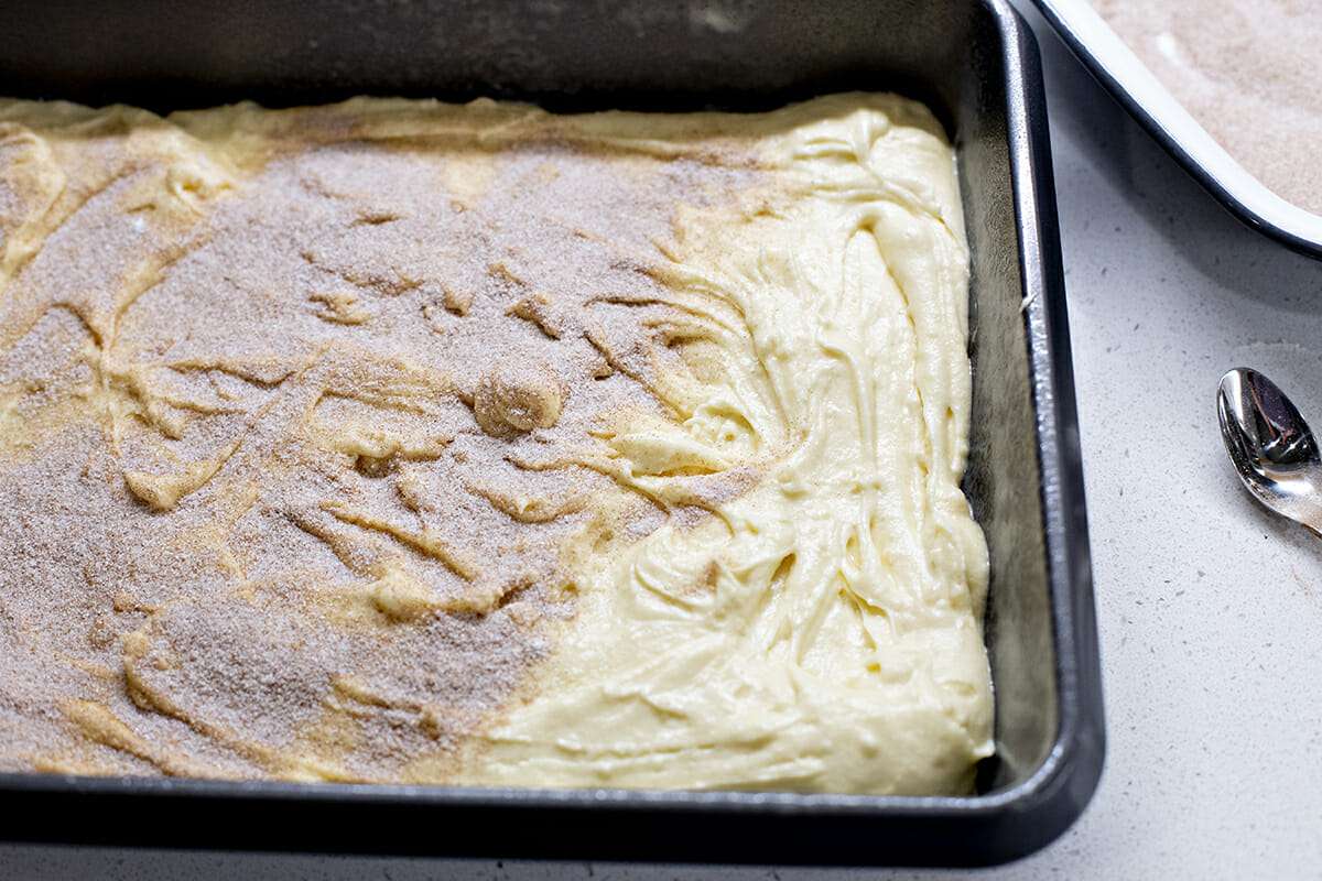 Cake batter with cinnamon and sugar sprinkled over the top in a baking dish