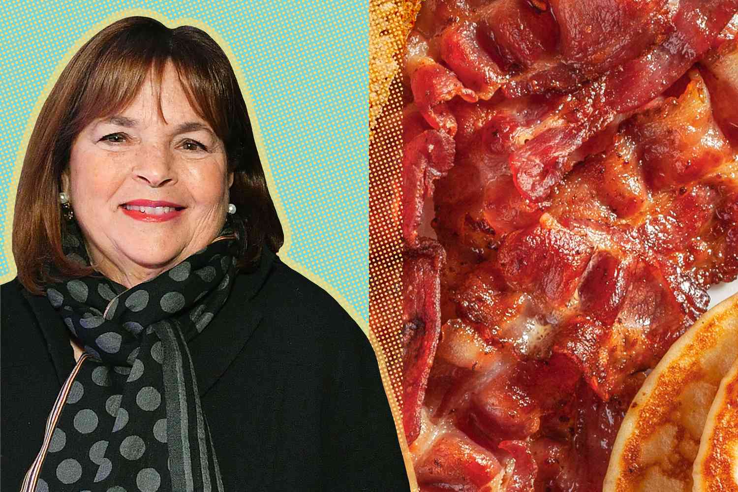 Ina Garten cut out next to a picture of cooked bacon