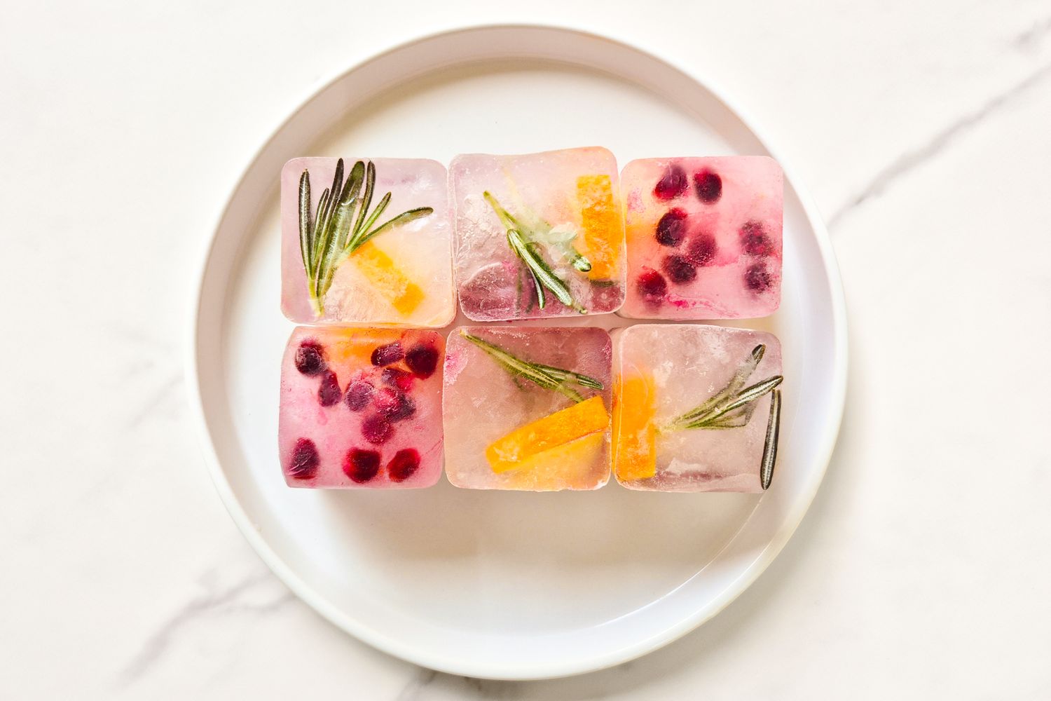 Decorative ice cubes with embedded rosemary orange slices and pomegranate arils presented on a white plate