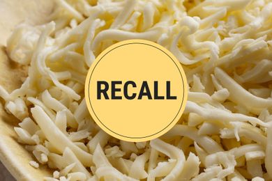 Shredded mozzarella cheese with a recall notice overlay