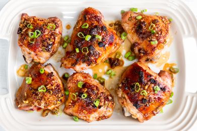 overhead view of Retro Plum Jam Chicken thighs on a serving platter