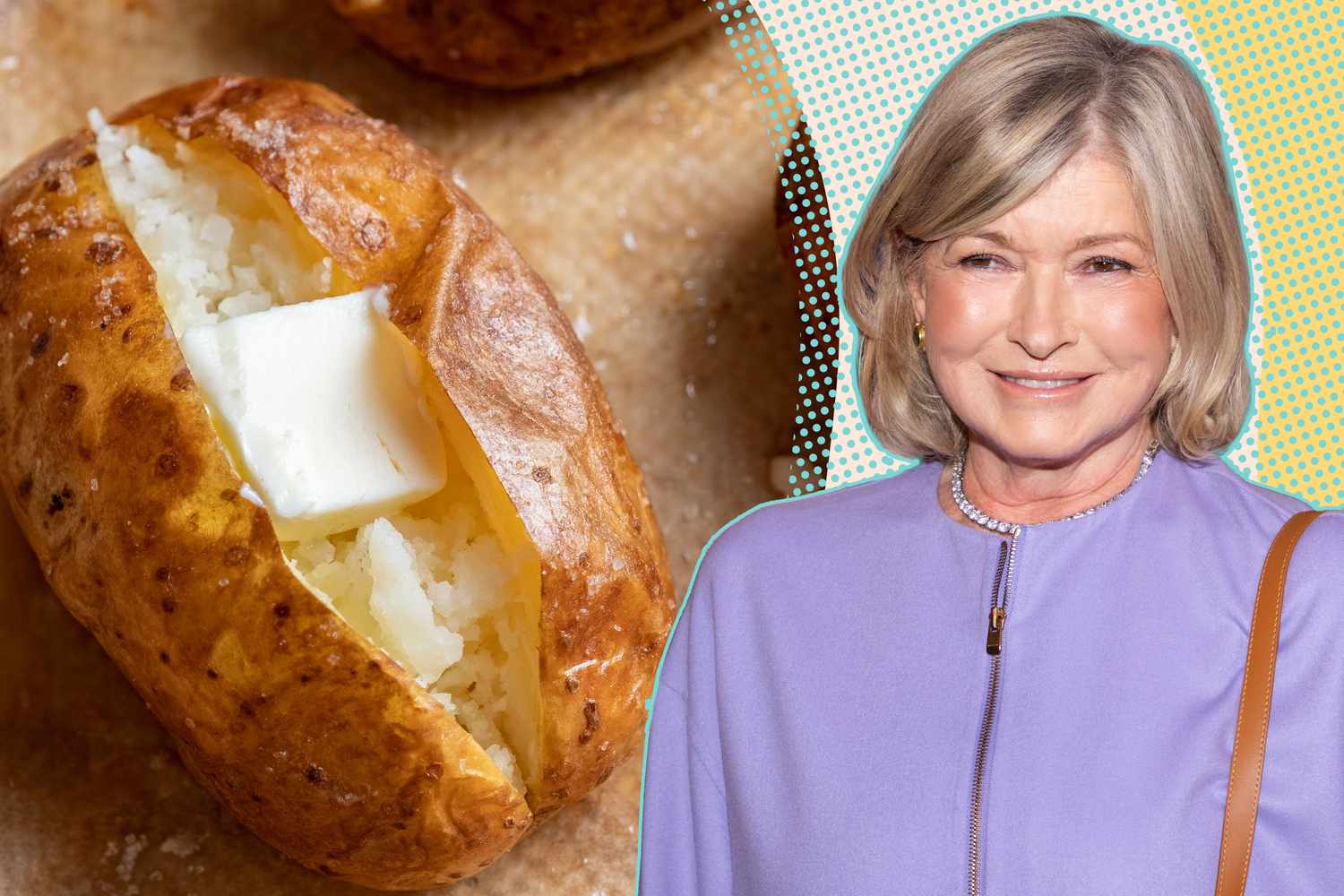 A split image of a baked potato and Martha Stewart