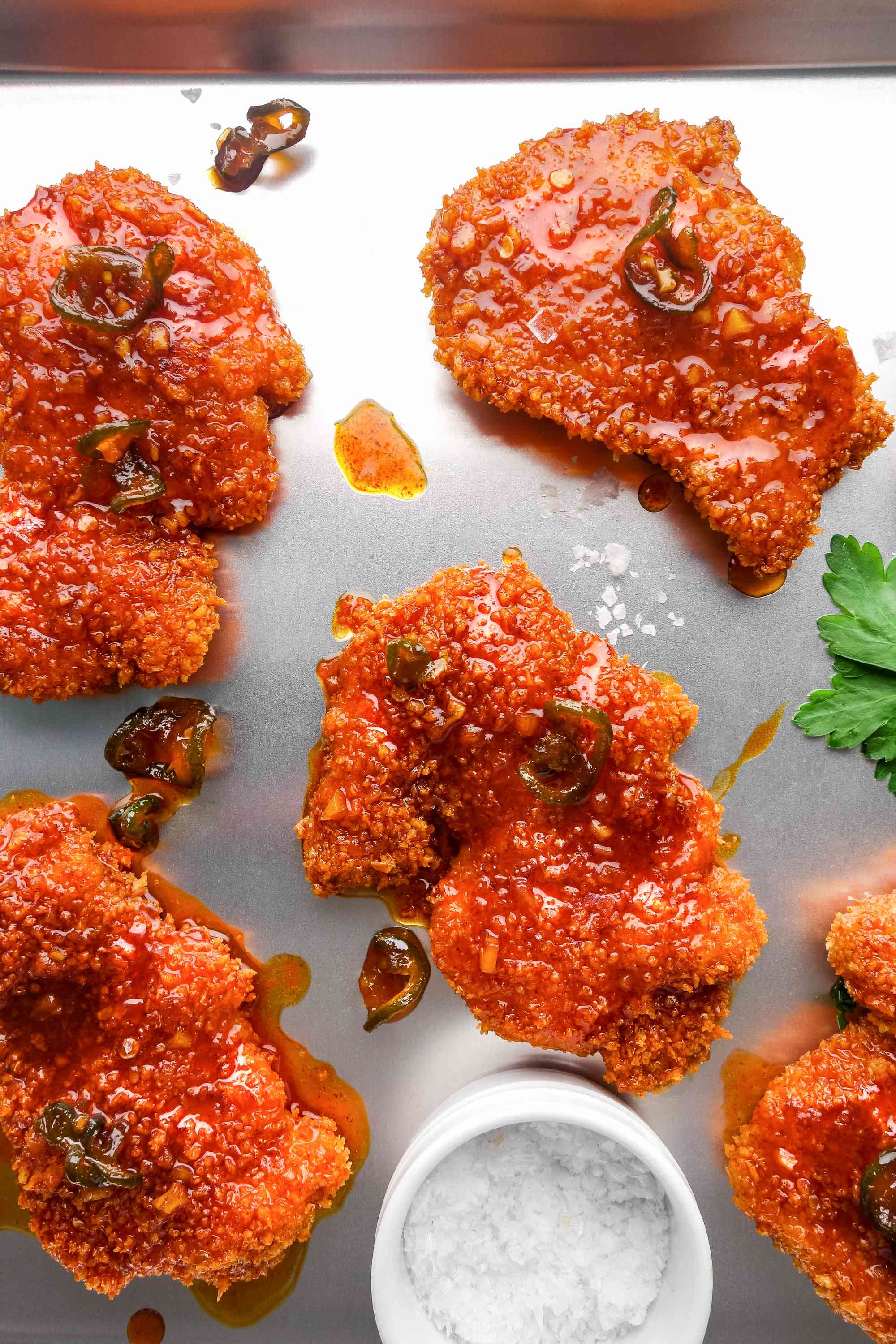 Honey honey chicken on baking sheet. 