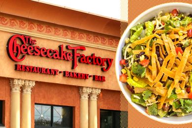 The Cheesecake Factory restaurant exterior alongside a closeup of a salad with tortilla strips on top