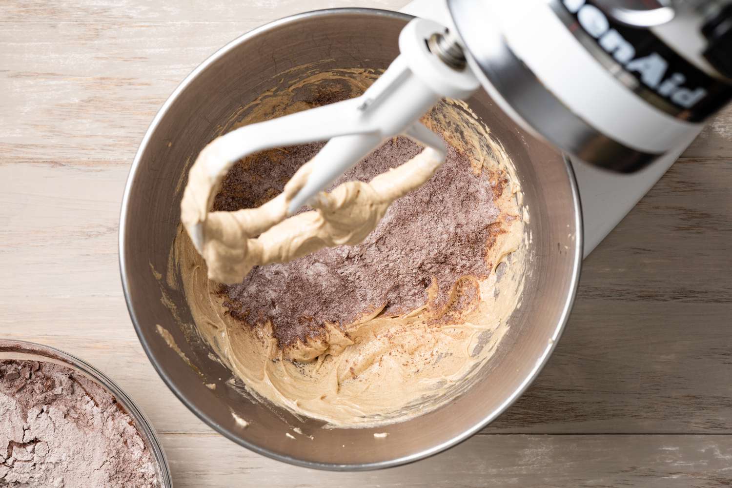 A Little Bit of Dry Ingredients Added to Stand Mixer Bowl with Whipped Egg and Butter for New England Whoopie Pies