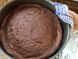 A person holding a freshly baked chocolate cake in a round pan with a cloth handle