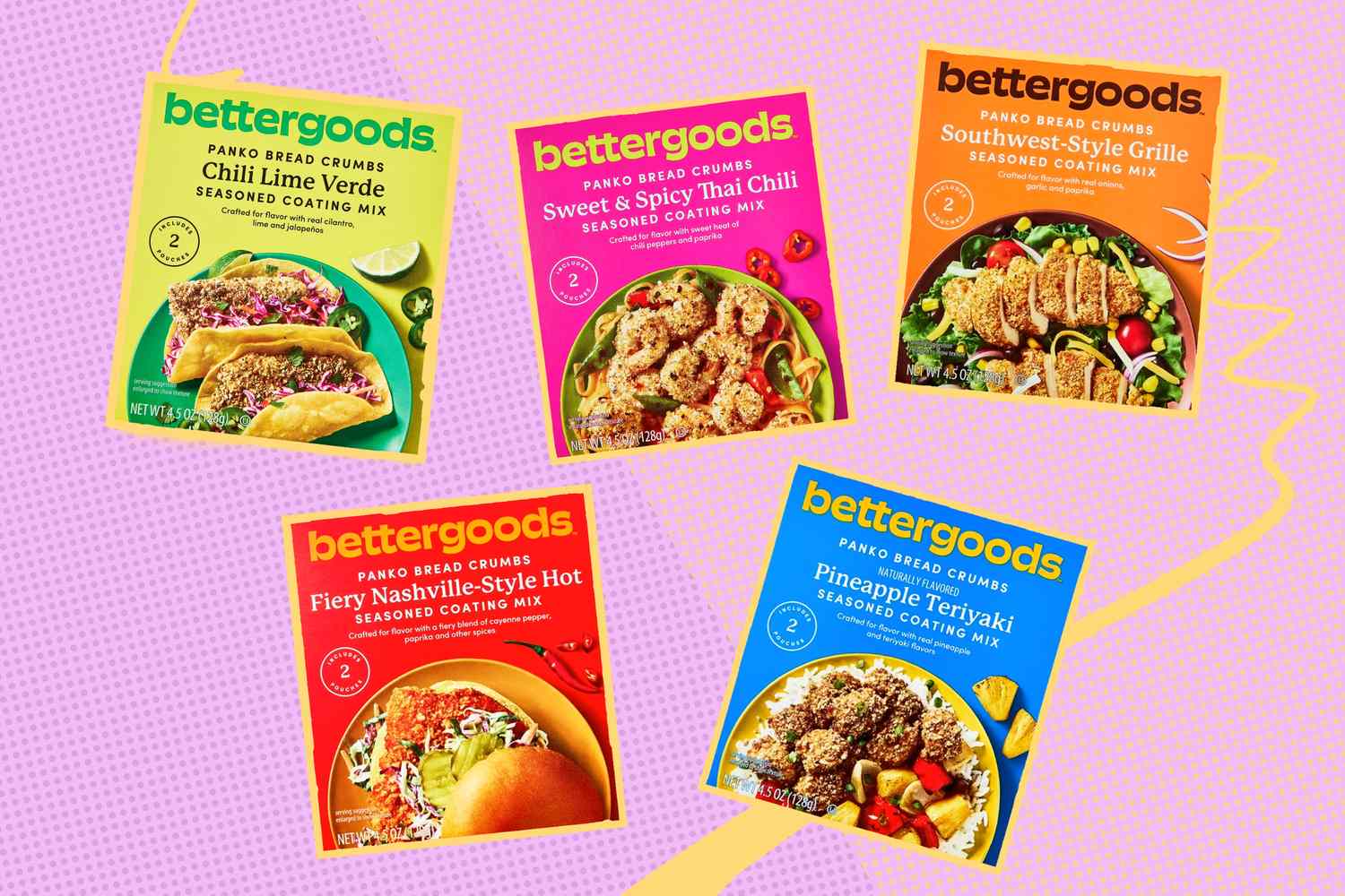 An assortment of Bettergoods brand seasoned panko breadcrumbs mixes displayed with their packaging