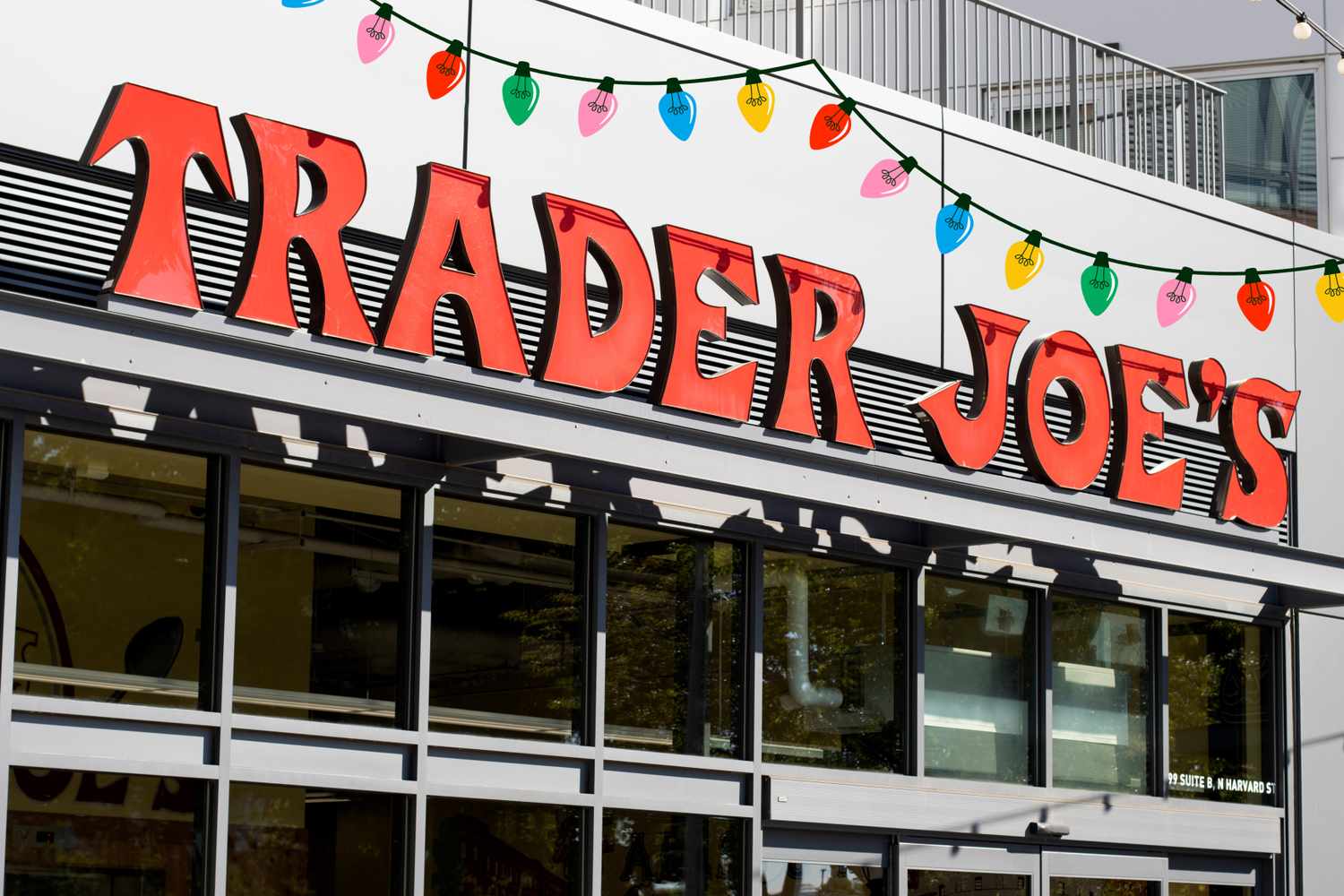 Trader Joes store sign with decorative lights