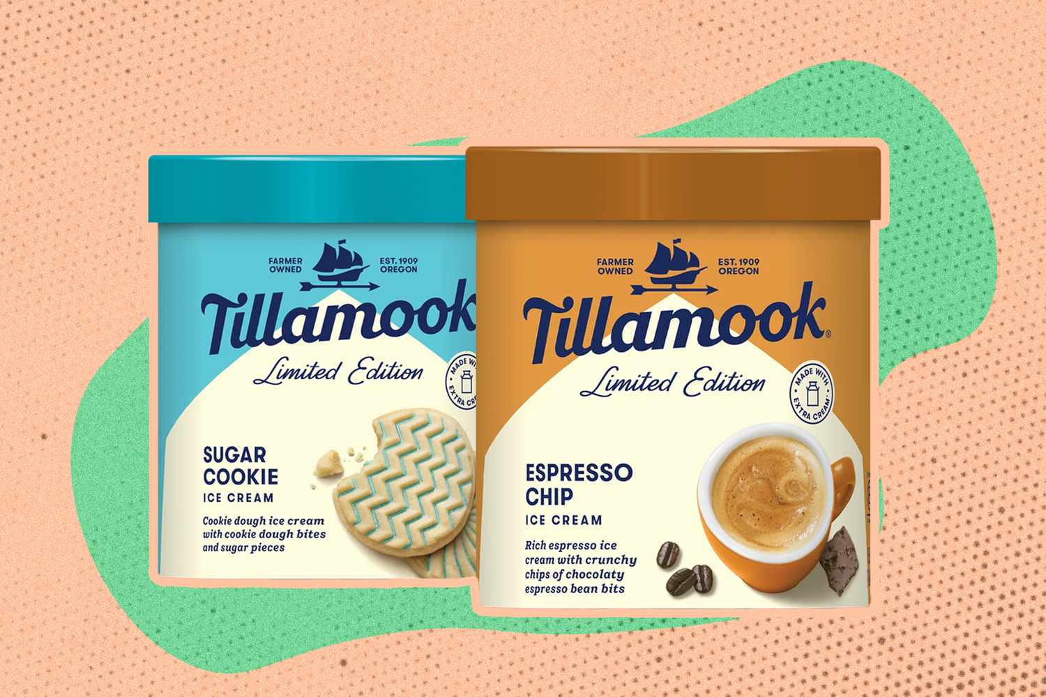 Two Tillamook Limited Edition ice cream tubs Sugar Cookie and Espresso Chip flavors displayed against a patterned background