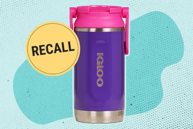 A purple Igloo water bottle with a pink top