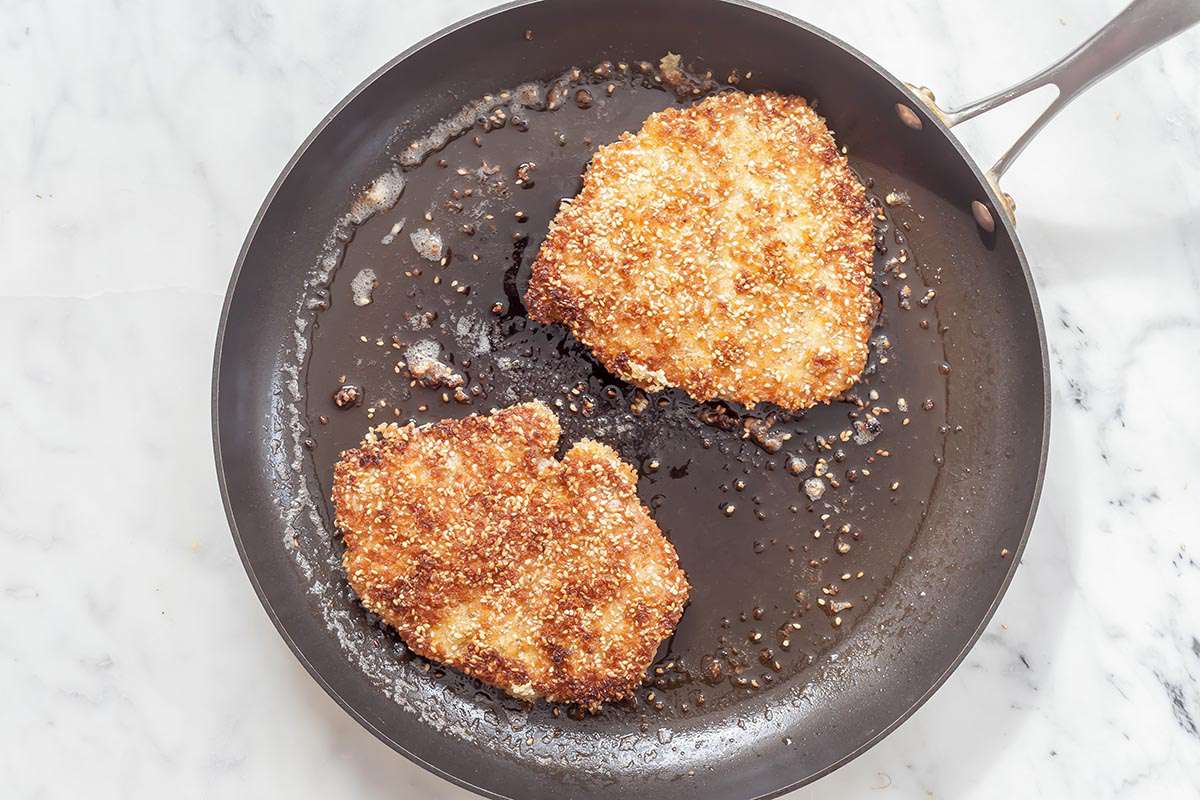 Sesame-Crusted Pork Cutlets with Crispy Shallots