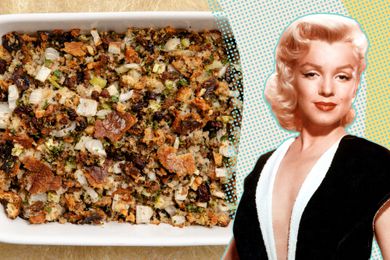 Marilyn Monroe next to a baking dish full of stuffing