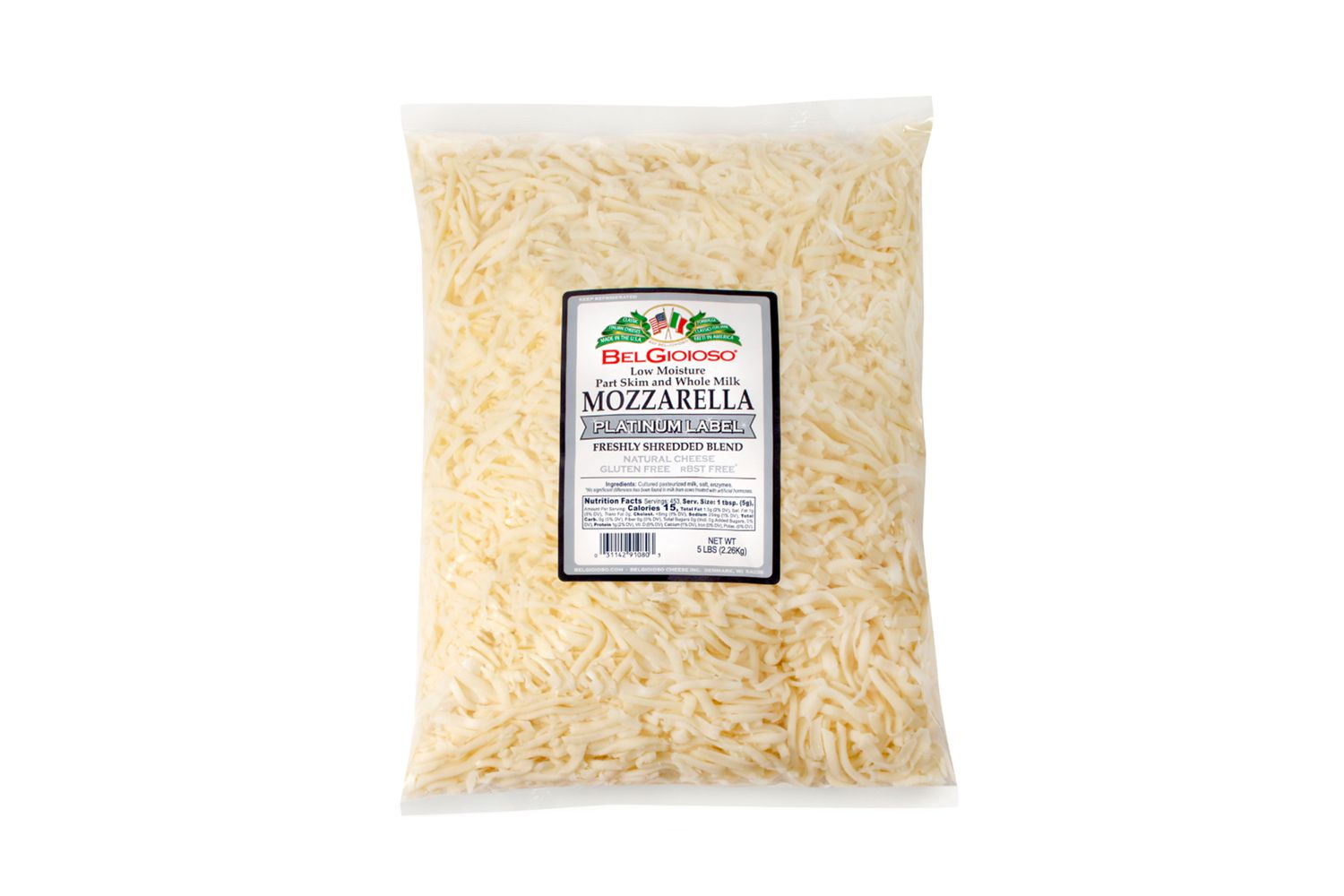 Bag of BelGioioso shredded mozzarella cheese