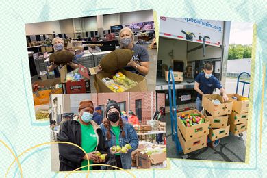 Three photos of people working to reduce food waste