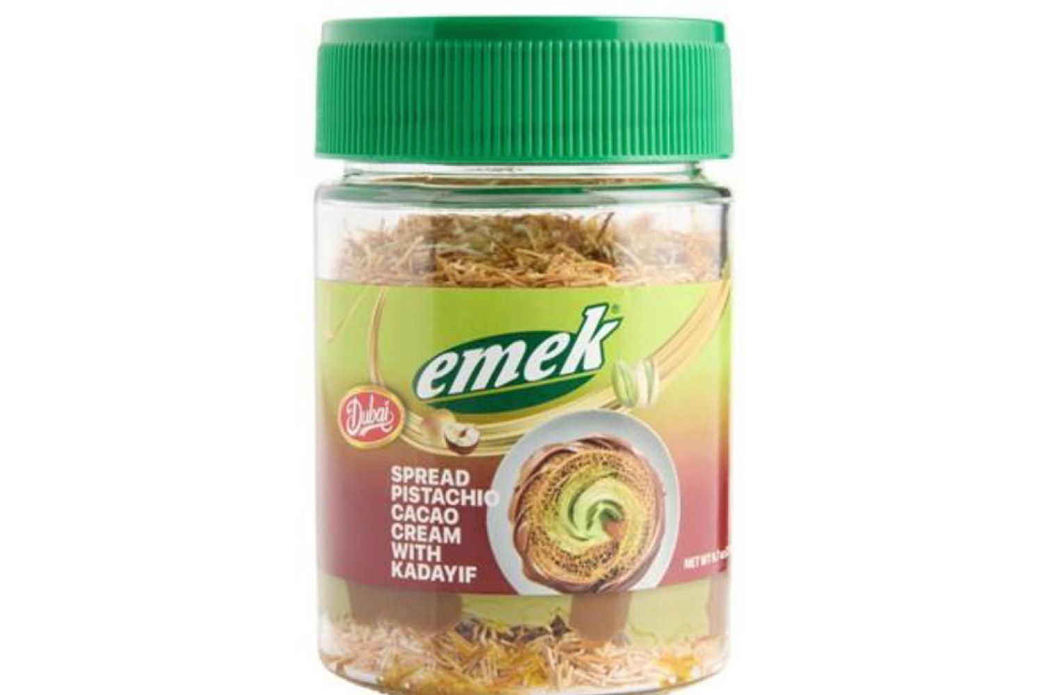 A jar of Emek brand pistachio cacao cream with kadayif