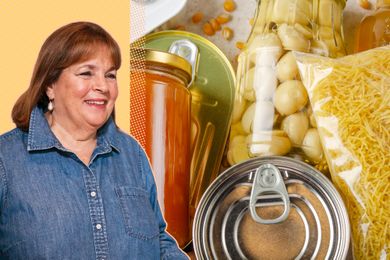 Ina Garten smiling alongside a collage of pantry items including jars and cans