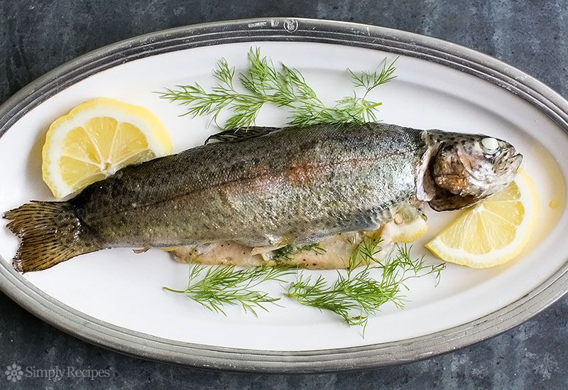 A plate with a whole grilled trout, dill, and lemon.