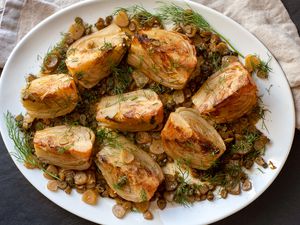 Sautéed fennel on a white platter.