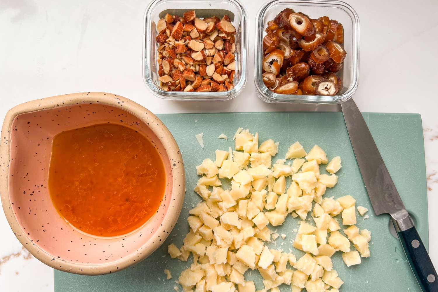 dressing, dates, cheese, almonds