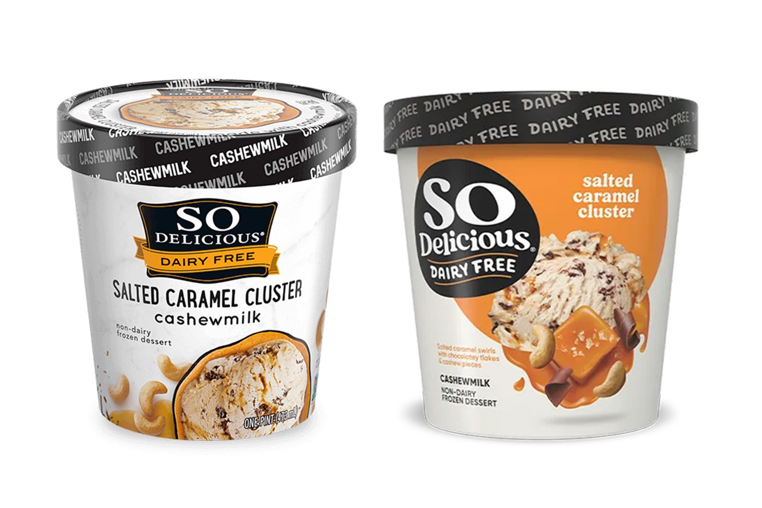 Two containers of So Delicious Dairy Free Salted Caramel Cluster frozen dessert made with cashew milk