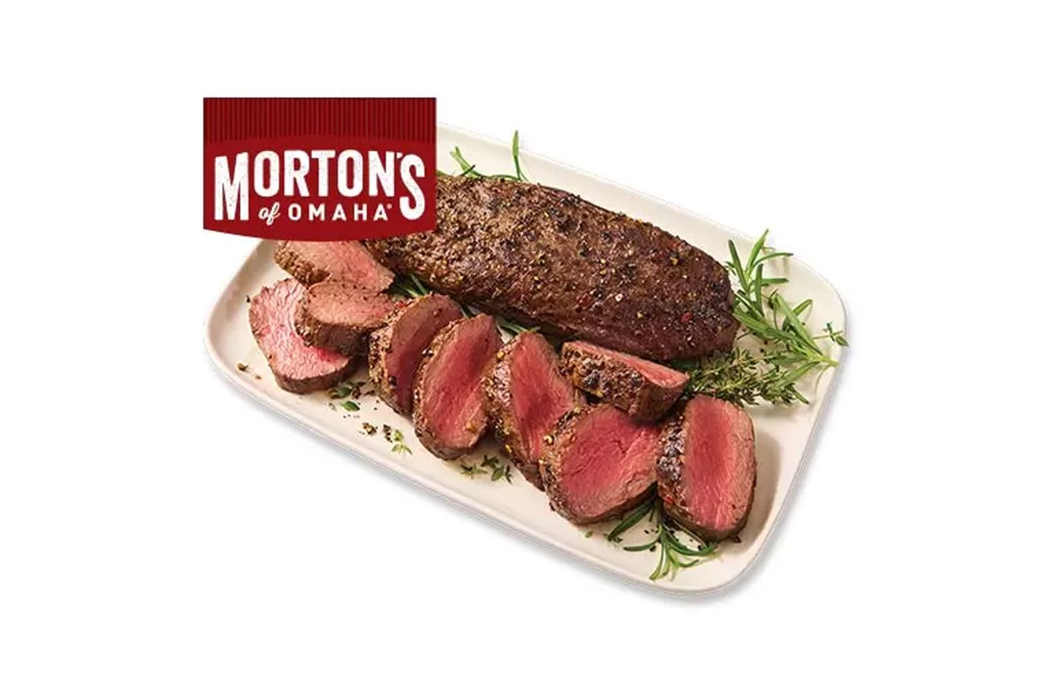 A white plate with the ALDI’s Petite Beef Tender, part of it sliced up