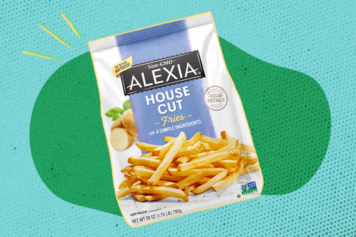Bag of Alexia house cut fries on a green and blue background