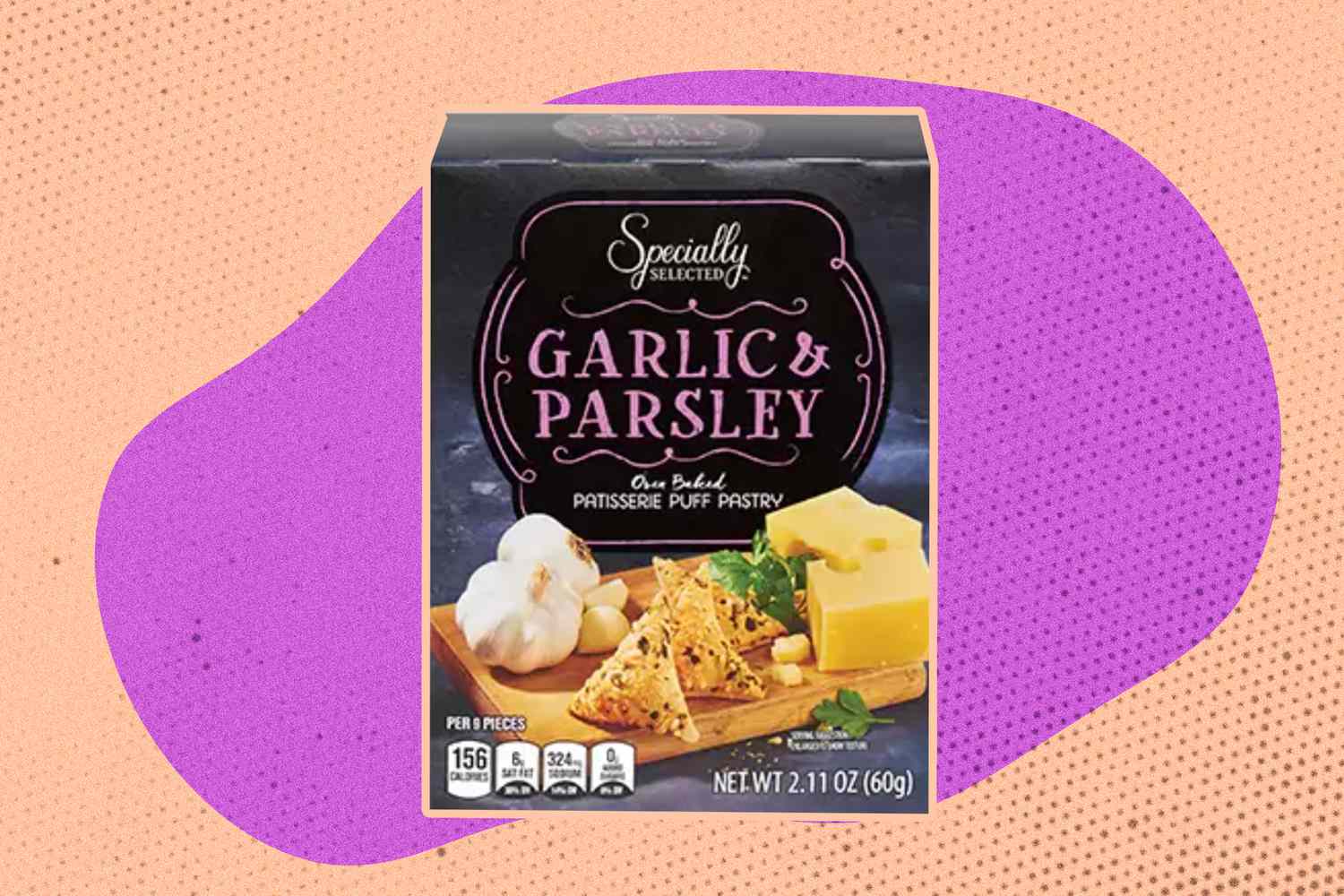 A box of ALDI Garlic & Parsley Puff Pastry Crackers on an illustrated background