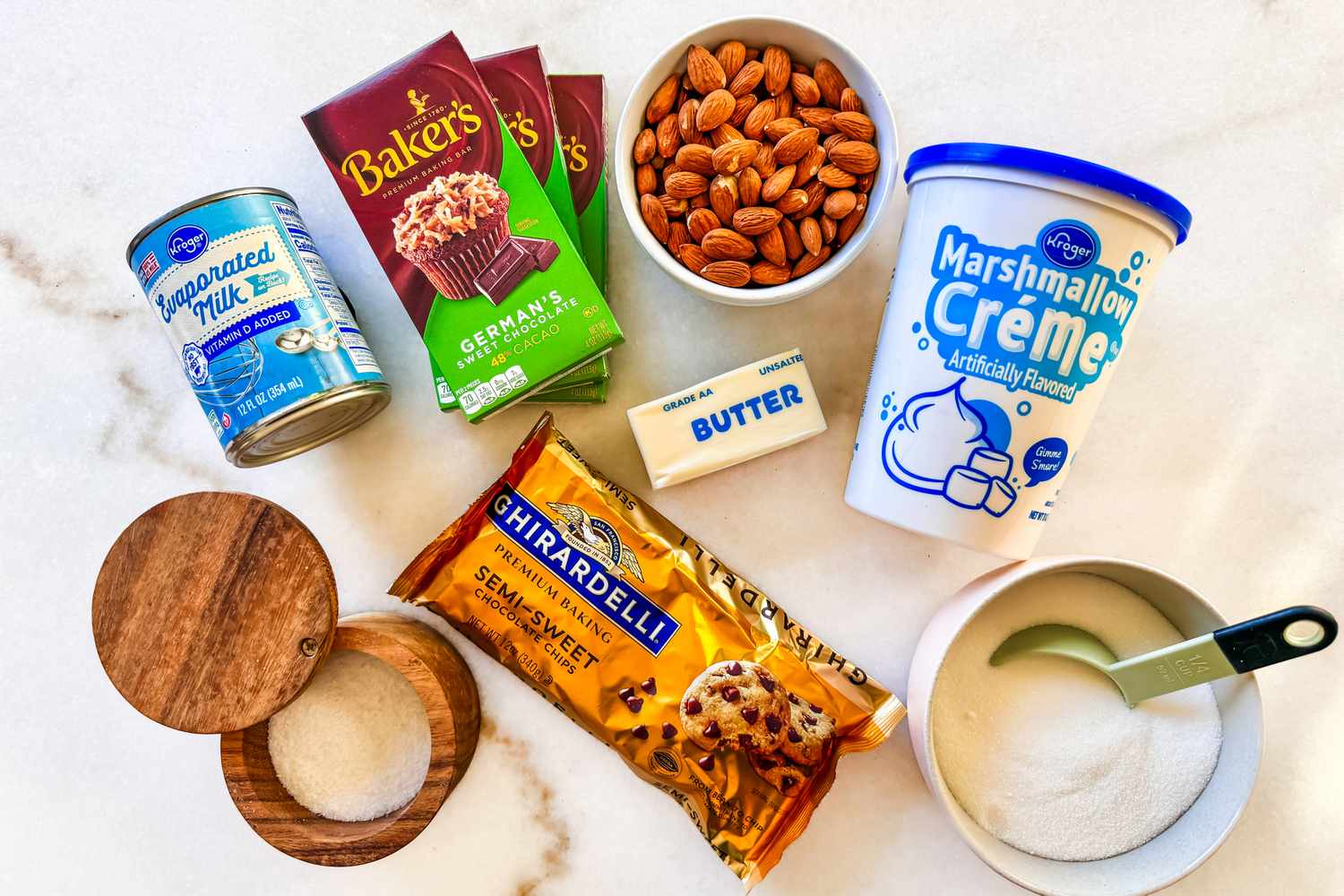 ingredients for plate of Mamie Eisenhower’s Million Dollar Fudge - evaporated milk, baker's chocolate, almonds, marshmallow creme, sugar, butter, Ghiradelli chocolate chips