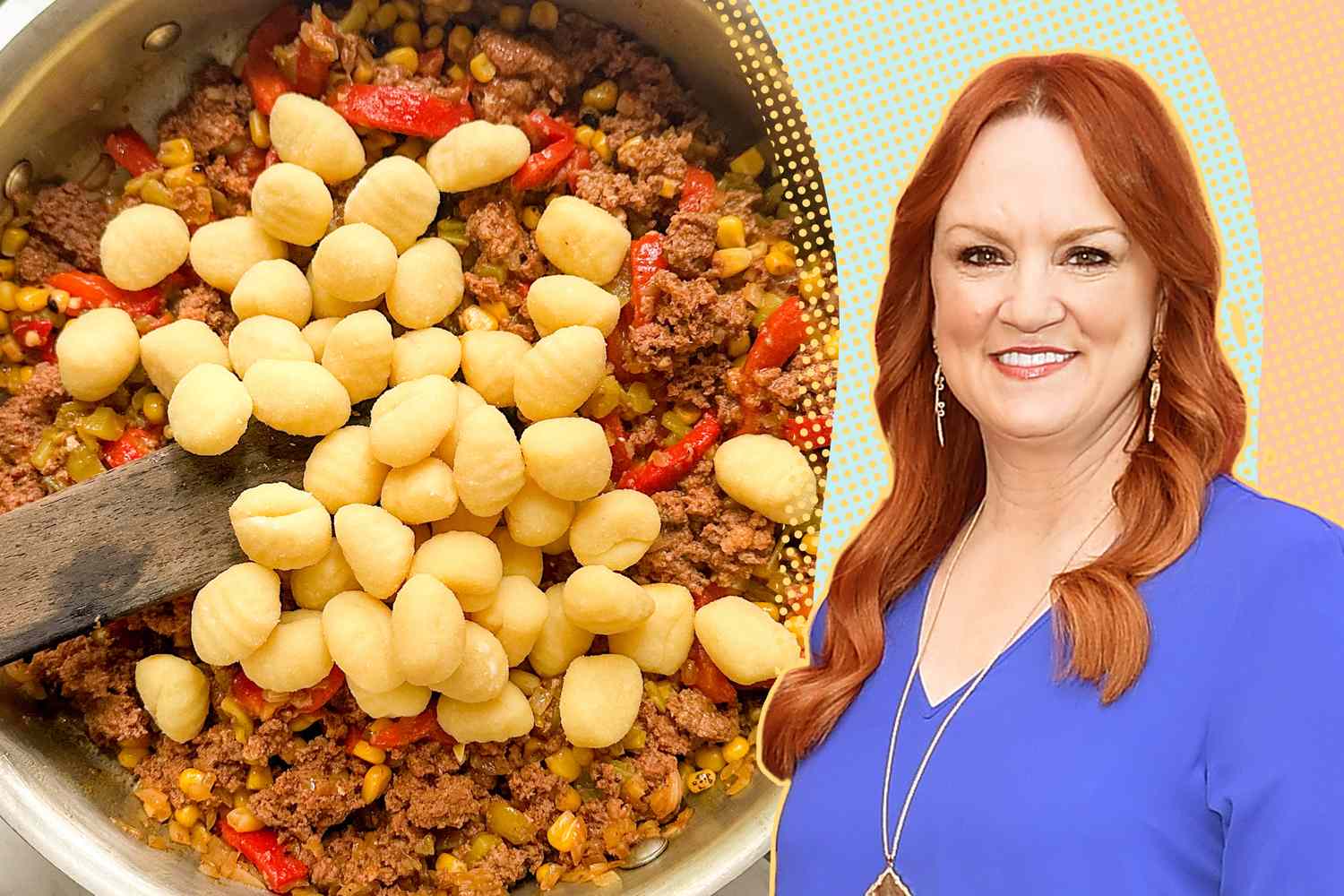 Ree Drummond next to a pan of gnocchi being prepared with ground meat and vegetables