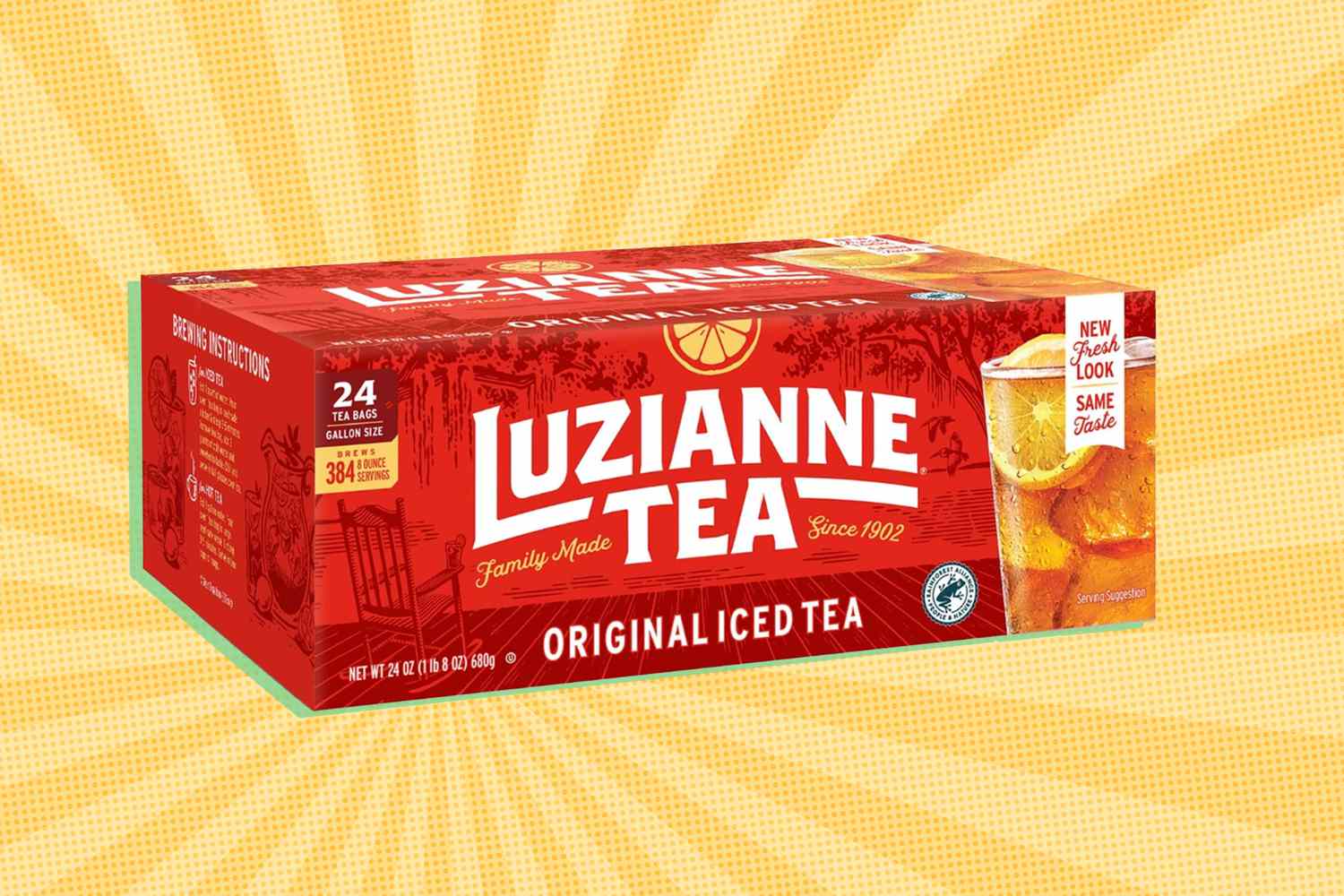 box of Luzianne Tea over a colorful background