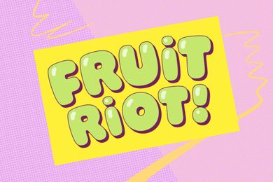 The words Fruit Riot in bold letters on a colorful background