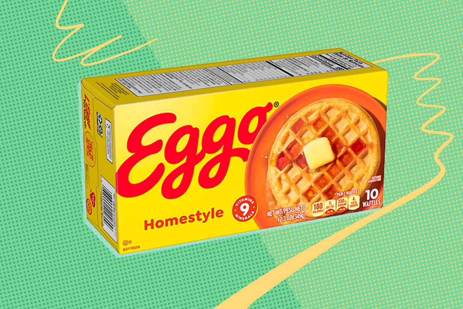 Eggo Homestyle Waffles box with a waffle image depicted on a stylized background