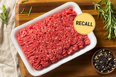 Container of raw ground beef with text overlay "Recall"