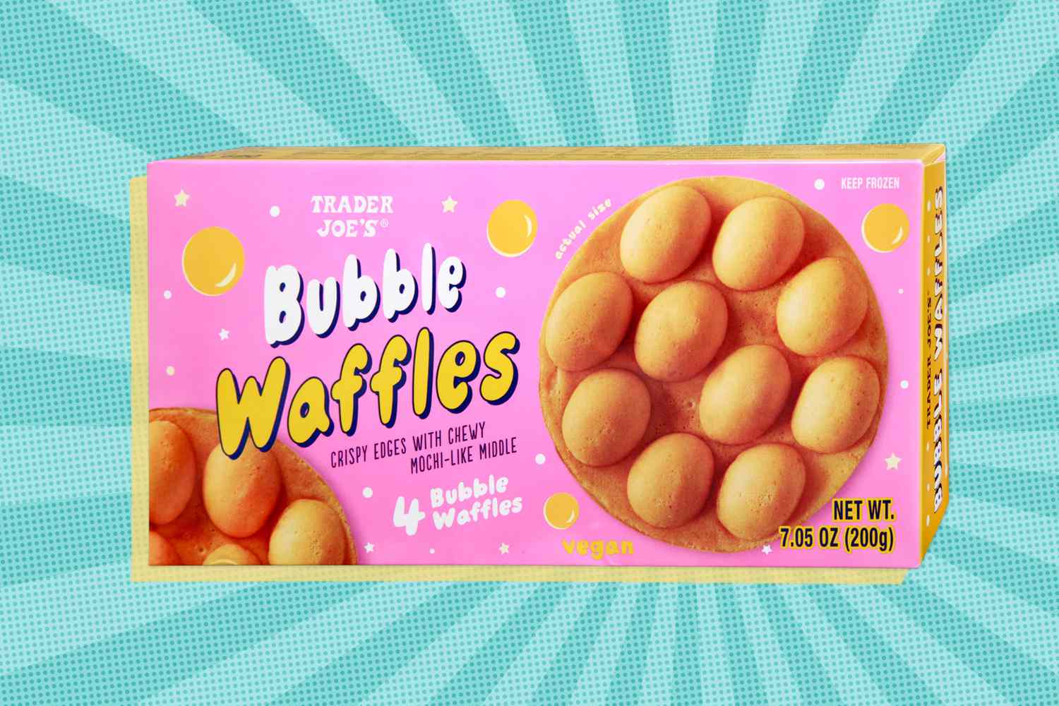 Trader Joe's Bubble Waffles box over a colorful background
