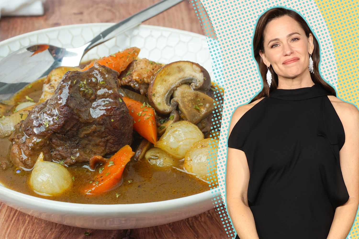 A split image of a bowl of beef bourguignon and a Jennifer Garner