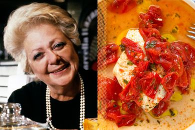 portrait of Marcella Hazan next to a photo of her dish Fish in Crazy Water 