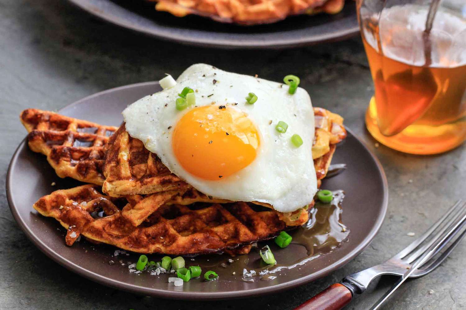 Sweet Potato Waffles with Bacon, Scallions and Fried Eggs