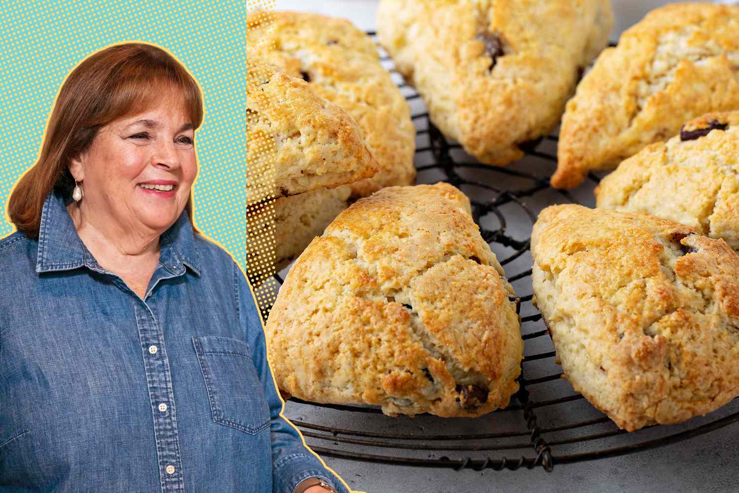 Ina Garten next to a tray of baked scones