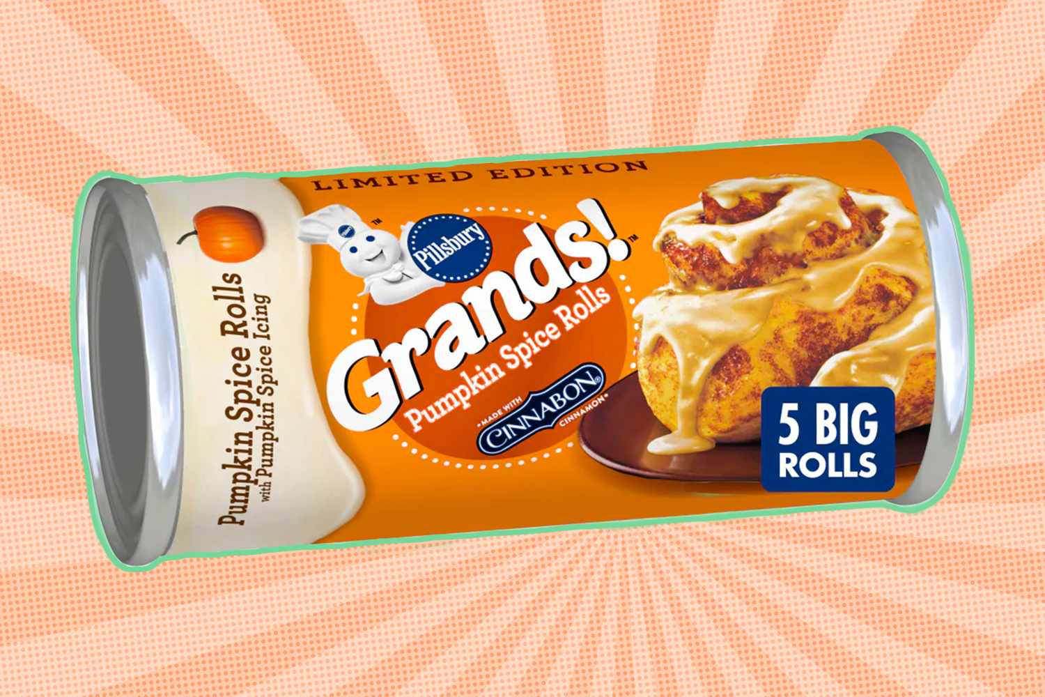 A package of limited edition Pillsbury Grands Pumpkin Spice Rolls with Cinnabon frosting
