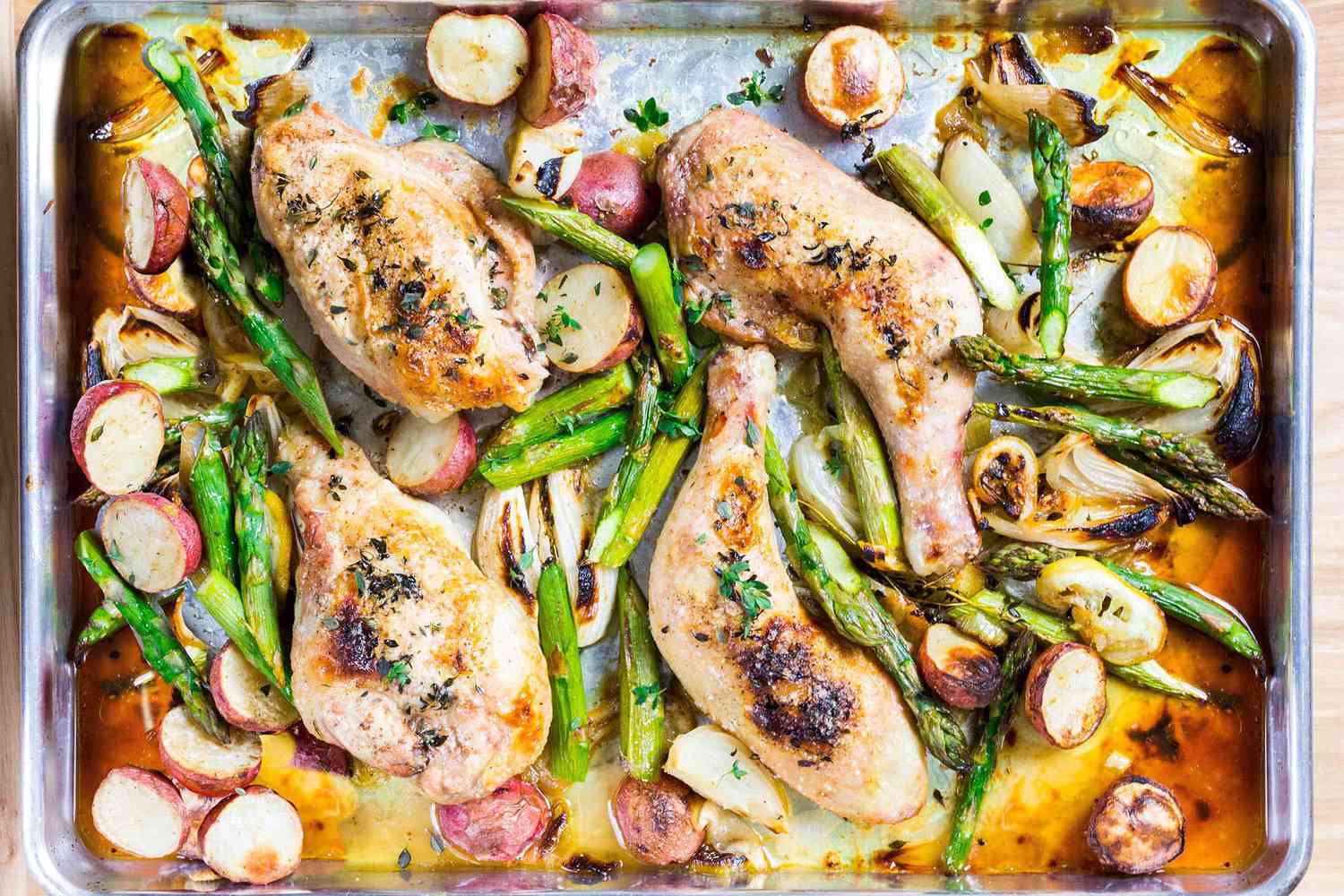 Sheet pan with chicken, asparagus, and potatoes